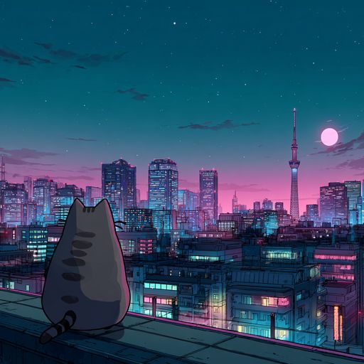 Pusheen the Cat Overlooking Tokyo at Night