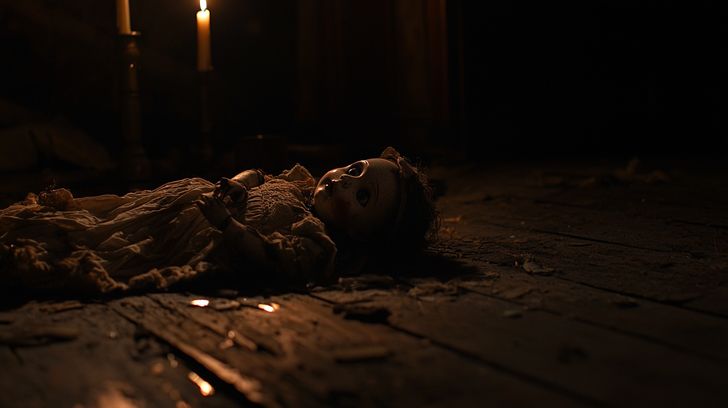 Creepy Vintage Doll on Wooden Floor